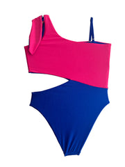 ASYMMETRIC ONE-PIECE IN BLUE AND HOT PINK