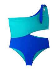 ASYMMETRIC ONE-PIECE IN EMERALD GREEN AND BLUE