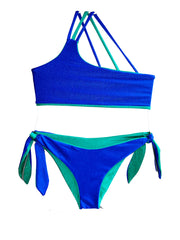 ASYMMETRIC ONE SHOULDER BIKINI IN BLUE AND EMERALD GREEN