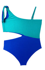 ASYMMETRIC ONE-PIECE IN EMERALD GREEN AND BLUE