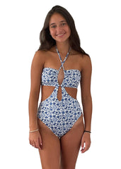 HALTER ONE-PIECE FRIDA BLUE & WHITE