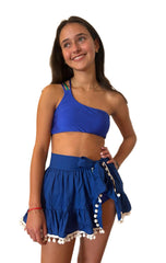 SEVILLE SKIRT COVER UP IN BLUE & WHITE POMPONS