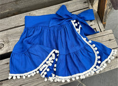 SEVILLE SKIRT COVER UP IN BLUE & WHITE POMPONS