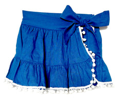 SEVILLE SKIRT COVER UP IN BLUE & WHITE POMPONS