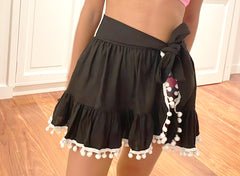 SEVILLE SKIRT COVER UP IN BLACK & WITH POMPONS