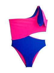 ASYMMETRIC ONE-PIECE IN BLUE AND HOT PINK