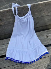 NICOLE DRESS WHITE WITH BLUE POM POMS