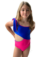ASYMMETRIC ONE-PIECE IN BLUE AND HOT PINK