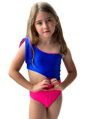 ASYMMETRIC ONE-PIECE IN BLUE AND HOT PINK