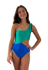 ASYMMETRIC ONE-PIECE IN EMERALD GREEN AND BLUE