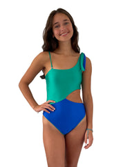 ASYMMETRIC ONE-PIECE IN EMERALD GREEN AND BLUE