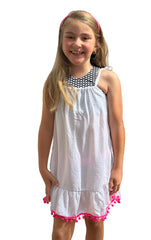 NICOLE DRESS IN WHITE WITH HOT PINK POM POMS