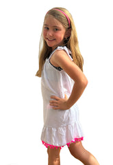 NICOLE DRESS IN WHITE WITH HOT PINK POM POMS