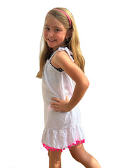NICOLE DRESS IN WHITE WITH HOT PINK POM POMS