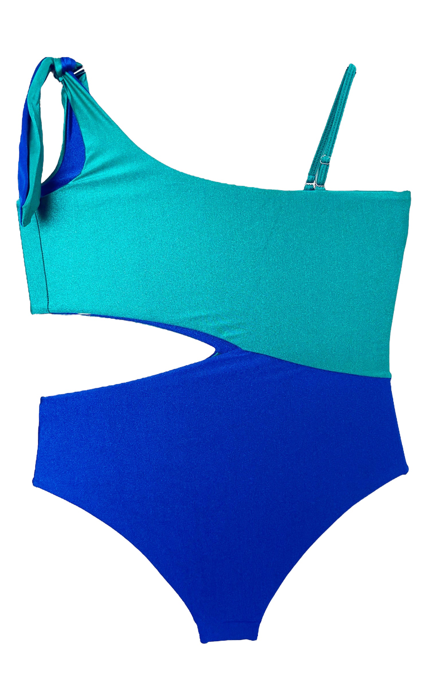 ASYMMETRIC BLUE AND EMERALD GREEN ONE-PIECE