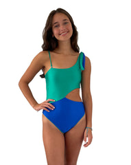 ASYMMETRIC BLUE AND EMERALD GREEN ONE-PIECE
